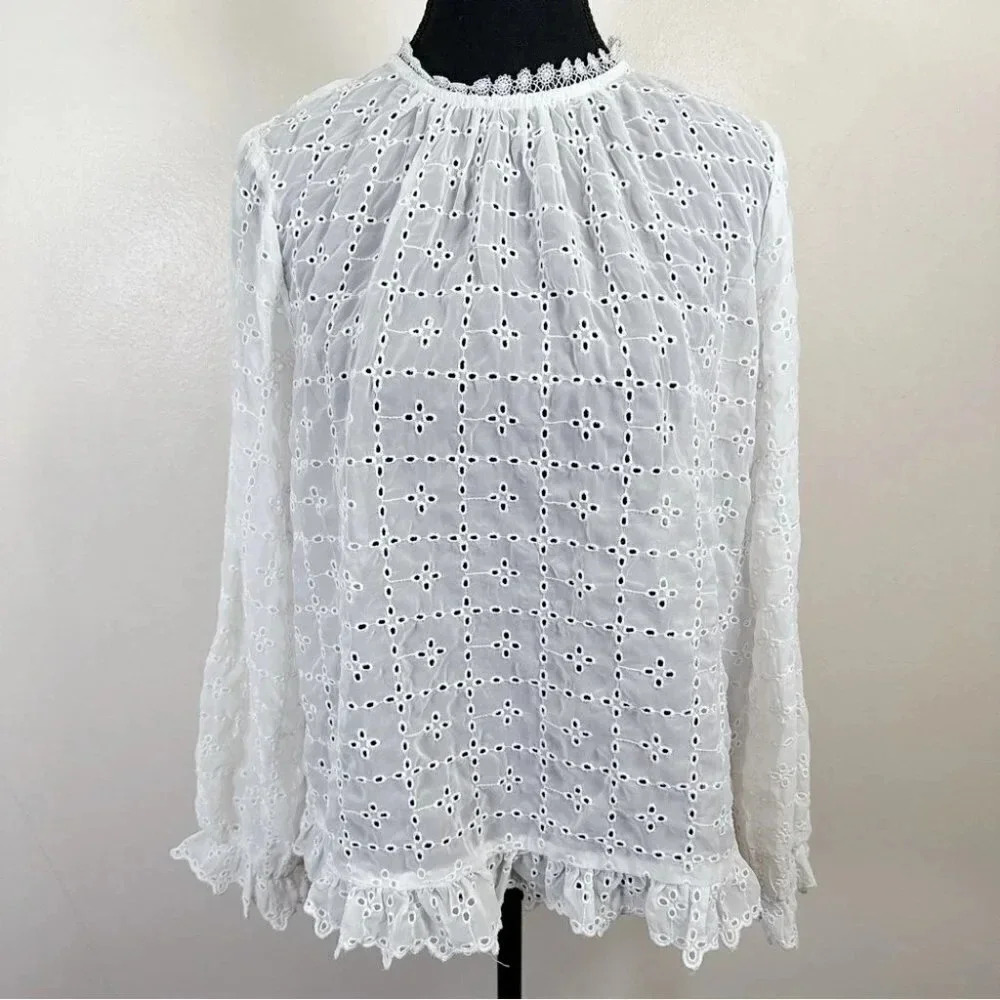 H&M White Eyelet Lace Long-Sleeve Blouse 10